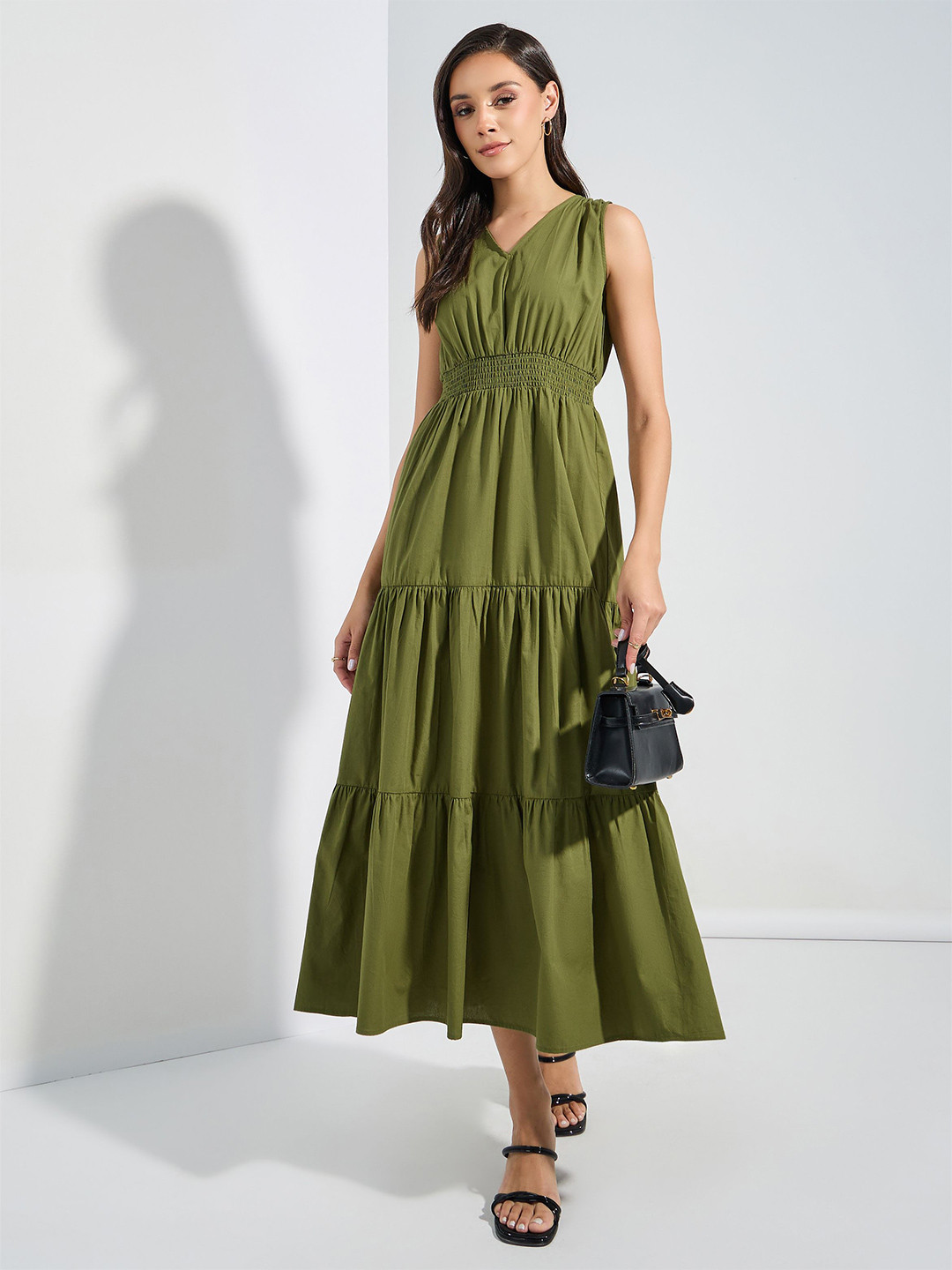 Styli Olive Green V-Neck Sleeveless Smocked Tiered Pure Cotton Fit and Flare Midi Dress