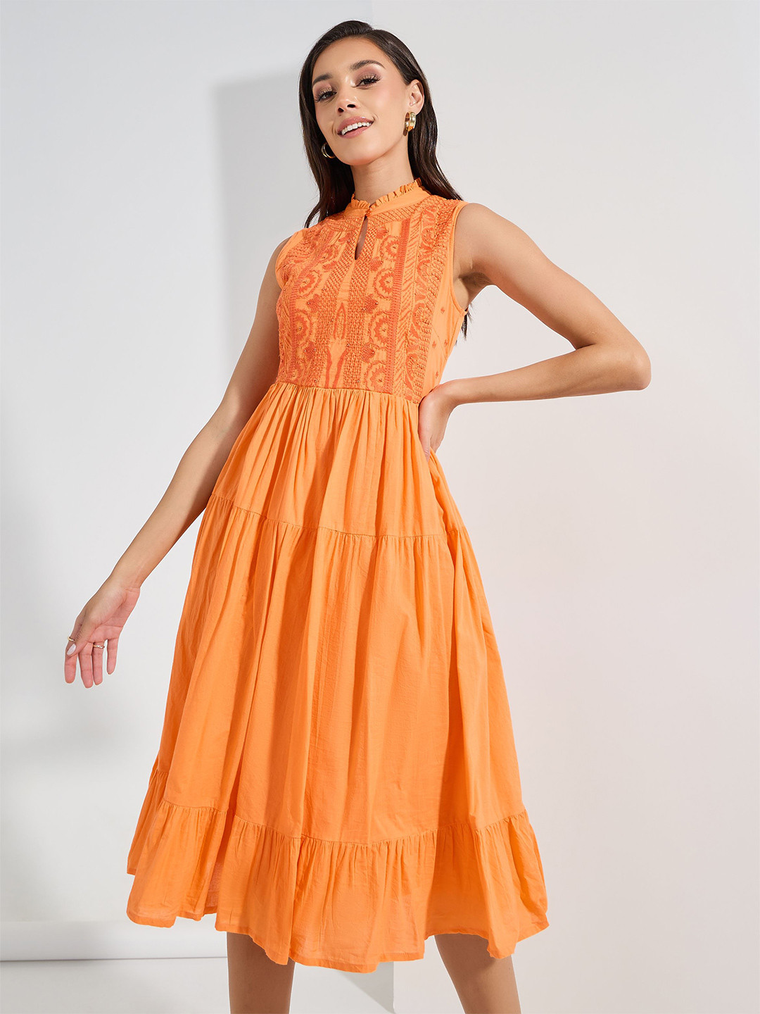 Styli Orange-Coloured Floral Embroidered Keyhole Neck Tiered Pure Cotton A-Line Midi Dress