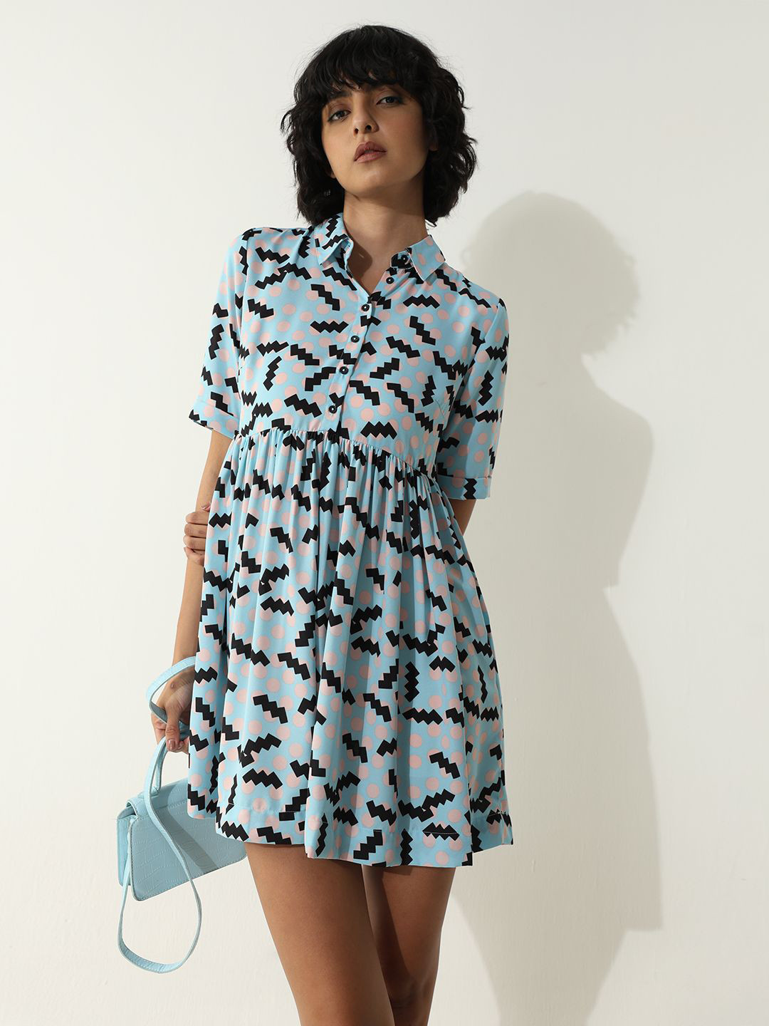 ONLY ONLDDAPHNE SS Geometric Printed Shirt Collar Fit & Flare Mini Dress