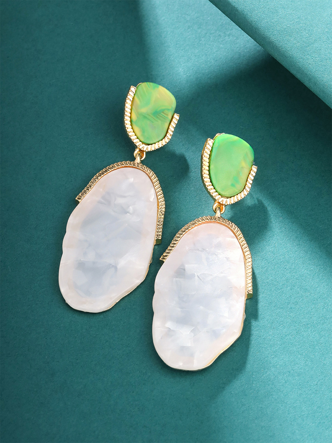 Yellow Chimes Green Gold-Plated Contemporary Drop Earrings