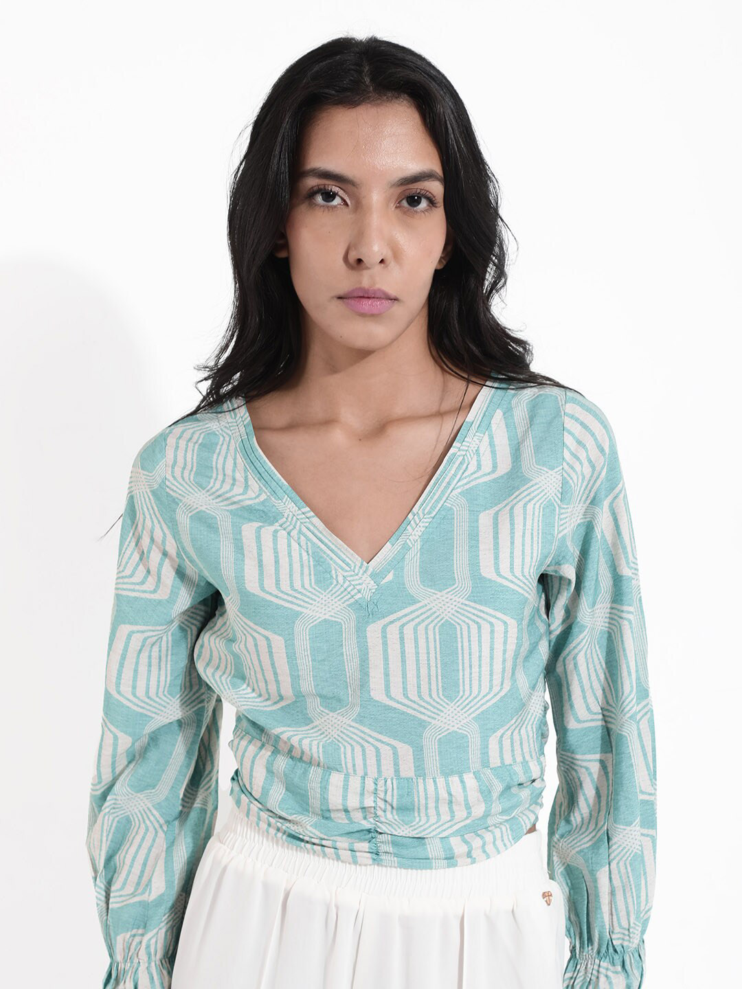 RAREISM Abstract Printed Cuffed Sleeves Gathered Ruched Cotton Top