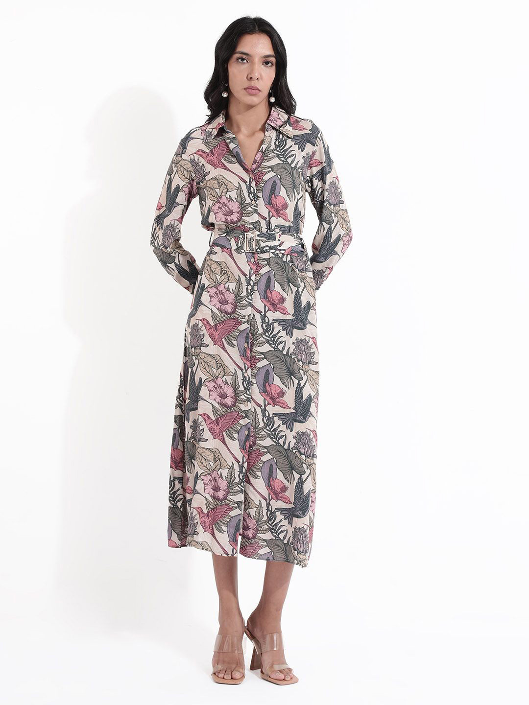 RAREISM Tropical Printed Shirt collar Long Sleeve Midi Dress