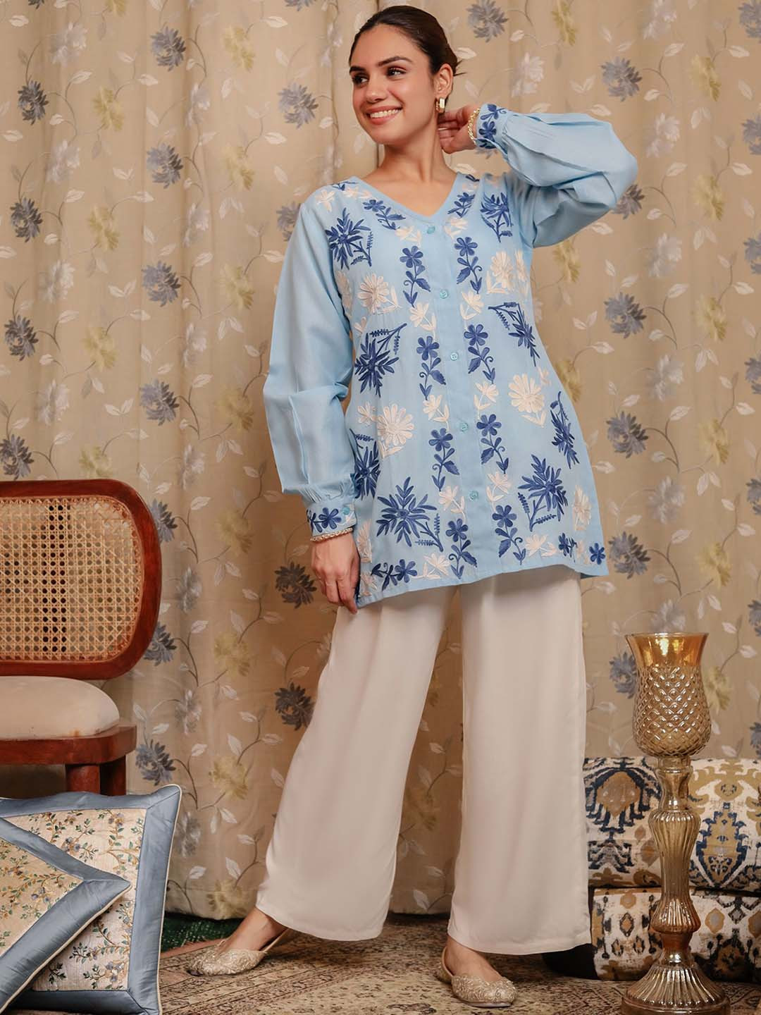 HOUSE OF KARI Floral Embroidered Pastels Cotton Straight Kurta