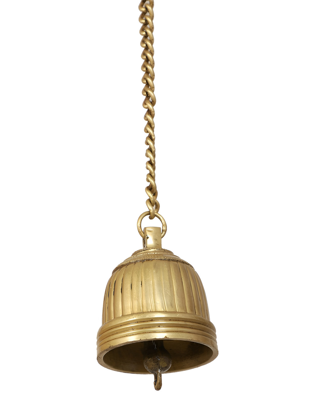 Two Moustaches Gold toned Stripes Design Brass Temple Hanging Bell with Chain