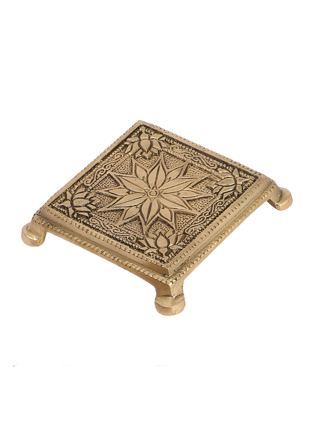 Two Moustaches Gold toned Lotus Flower Design Pooja Chowki