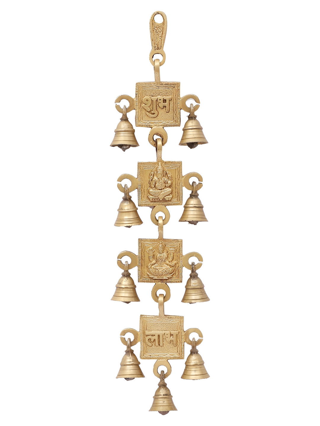 Two Moustaches Gold toned Brass Shubh Labh with Laxmi Ganesha Hanging Bells