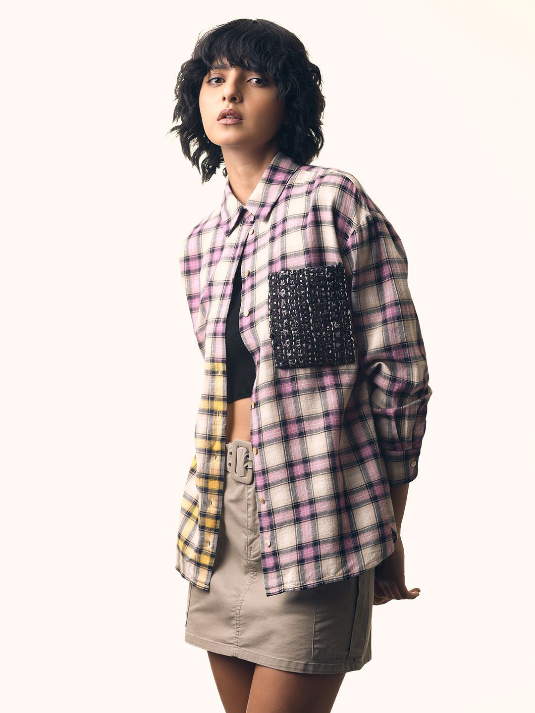ONLY ONLSERIOUS Tartan Checked Embellished Detail Oversized Pure Cotton Casual Shirt