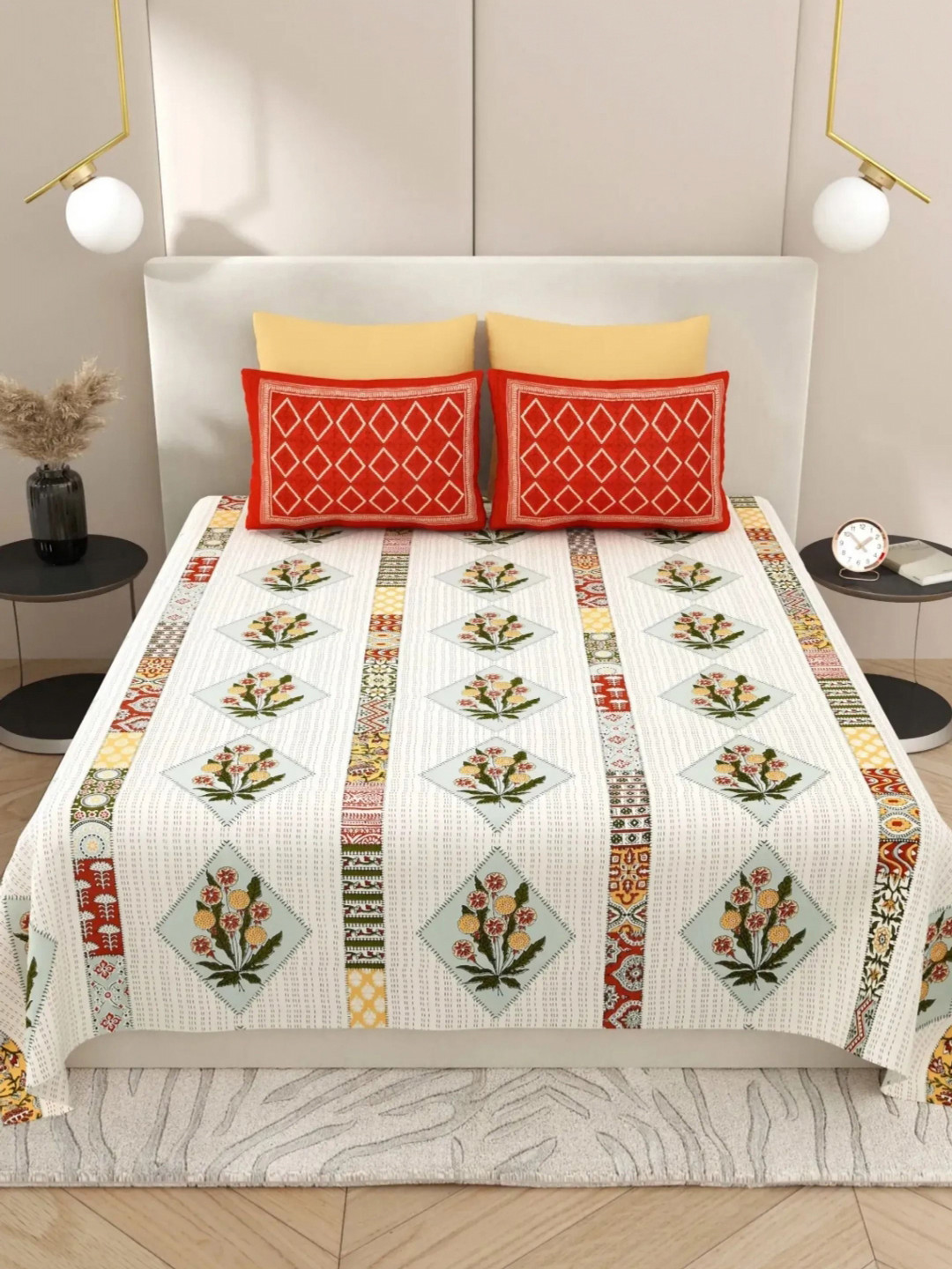 LIVING ROOTS Red Ethnic Motifs Pure Cotton 300 TC Super King Fine Bedsheet with 2 Pillow Covers-264.16 x 264.16 cm