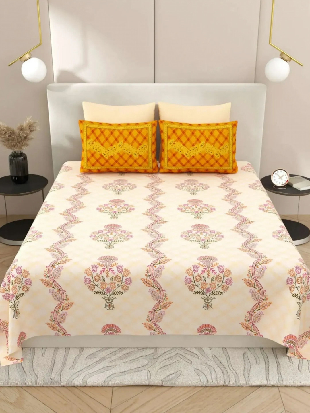 LIVING ROOTS Beige Ethnic Motifs Pure Cotton Breathable 300 TC Super Queen Fine Bedsheet with 2 Pillow Covers-262.128 x 262.128 cm