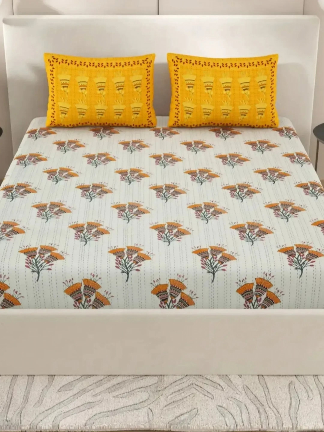 LIVING ROOTS Standalone Yellow Floral Pure Cotton 300 TC King Fine Bedsheet with 2 Pillow Covers-264 x 264 cm