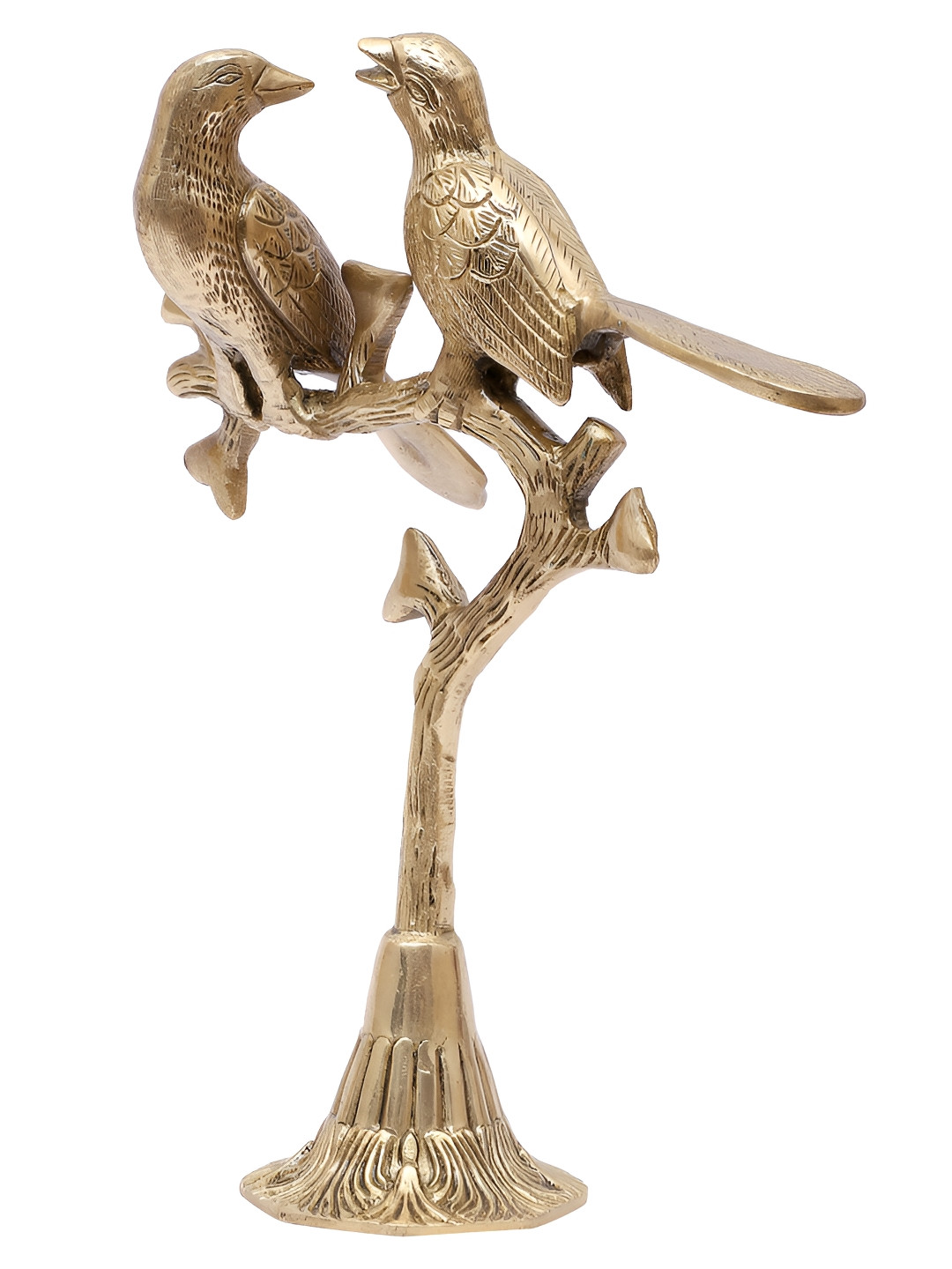 Two Moustaches Love Birds on Tree Gold Brass Metallic Living Room Tiny Showpiece - 9.8 Inches