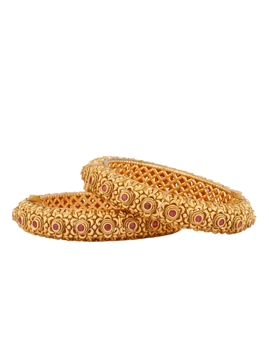 vivinia BY VIDHI MEHRA Set Of 2 Gold-Plated Onxy-Studded Flower Motif Bangles