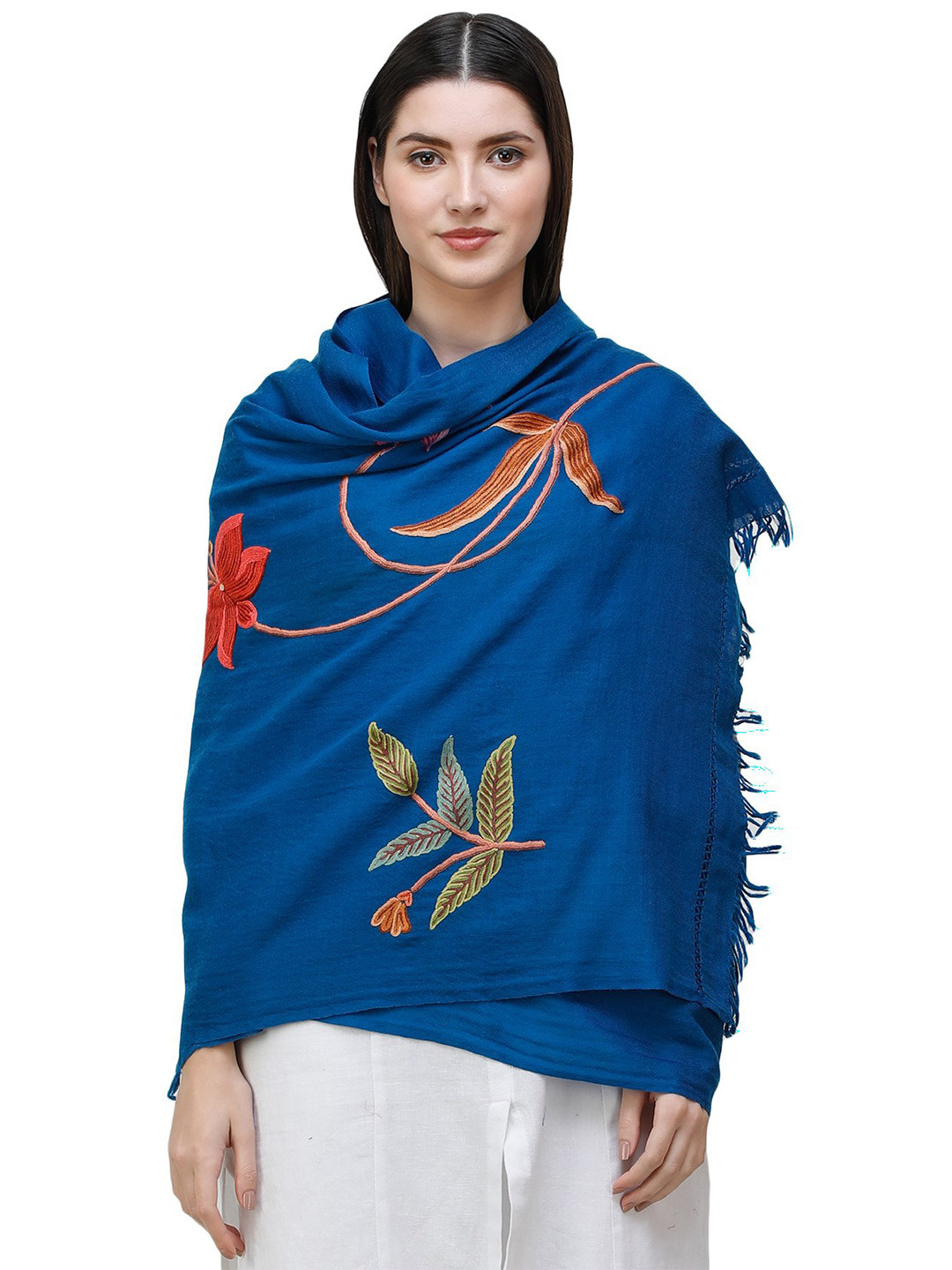 Exotic India Victoria Blue Hand-Embroidered Multicolor Flowers and Vine Kashmiri Stole