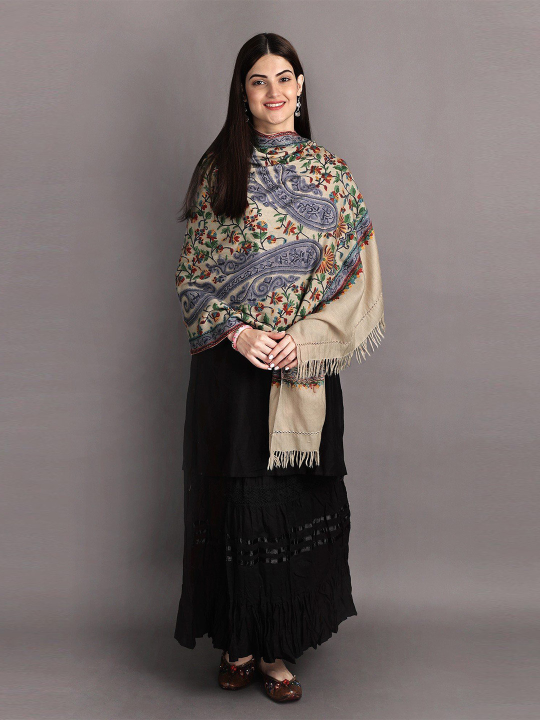 Exotic India Oatmeal Wool Kashmiri Stole with Aari Hand-Embroidered Giant Paisley