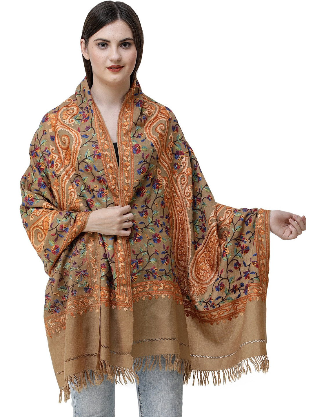 Exotic India Khaki Wool Kashmiri Stole with Aari Hand-Embroidered Giant Paisley