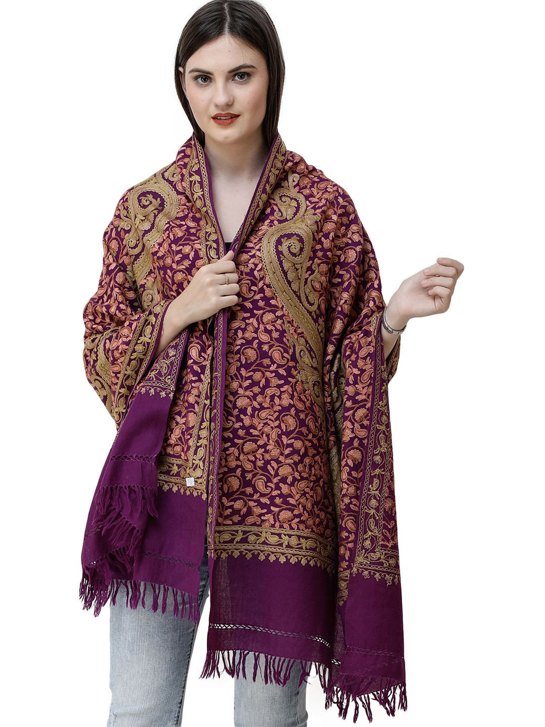Exotic India Vintage Violet Wool Kashmiri Stole with Aari Hand-Embroidered Giant Paisley