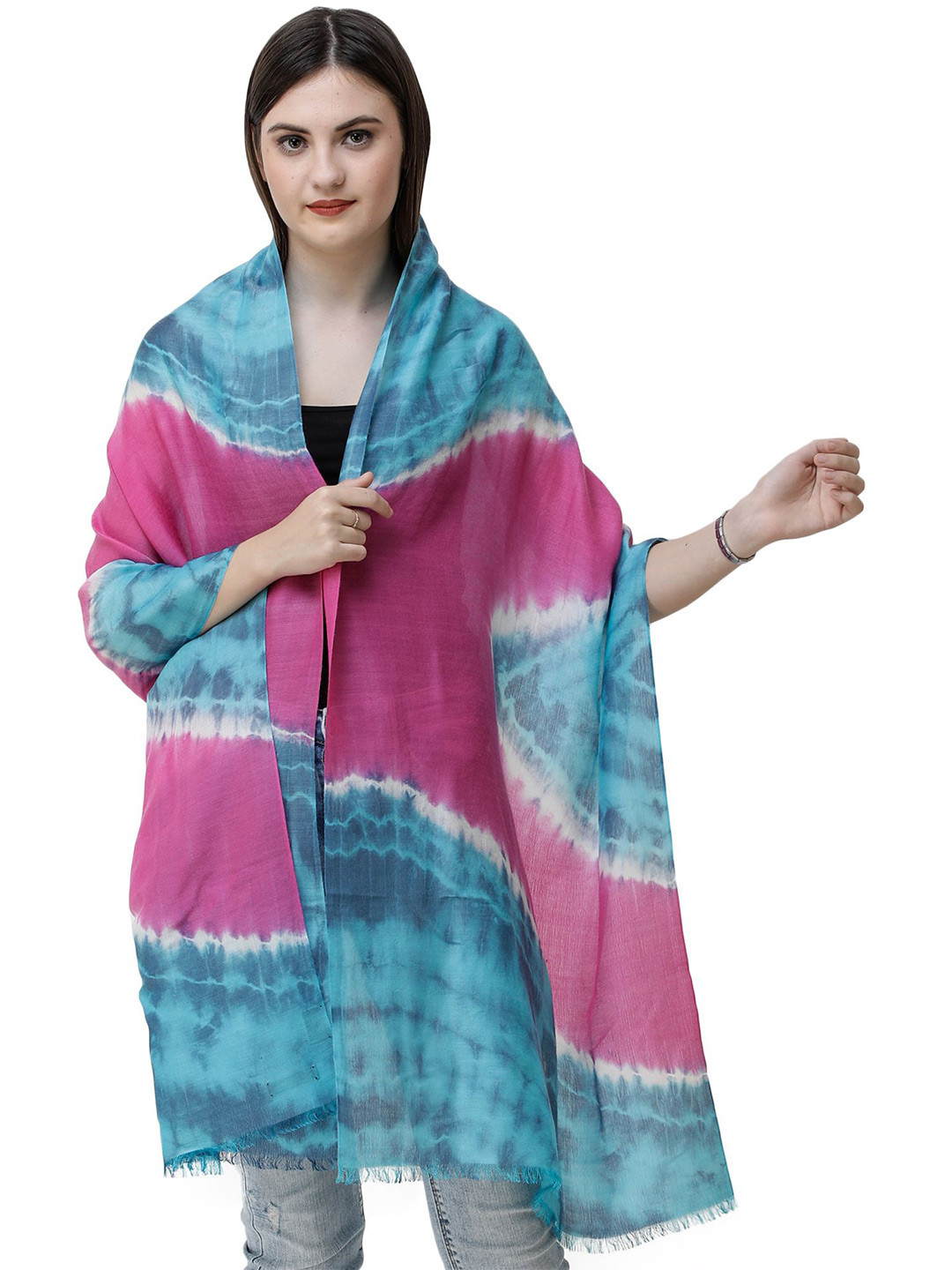 Exotic India Blue Atoll Tie-Dye Pure Silk-Wool Stole
