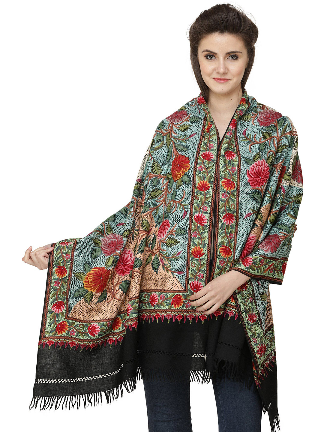 Exotic India Phantom-Black Kashmiri Stole with Heavy Aari Hand-Embroidery All-Over