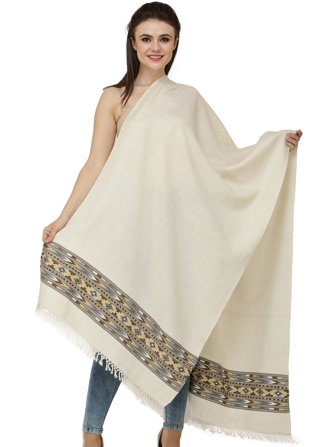 Exotic India Banana Cream Kinnauri Woven Border in Multicolor Thread Pure Wool Stole