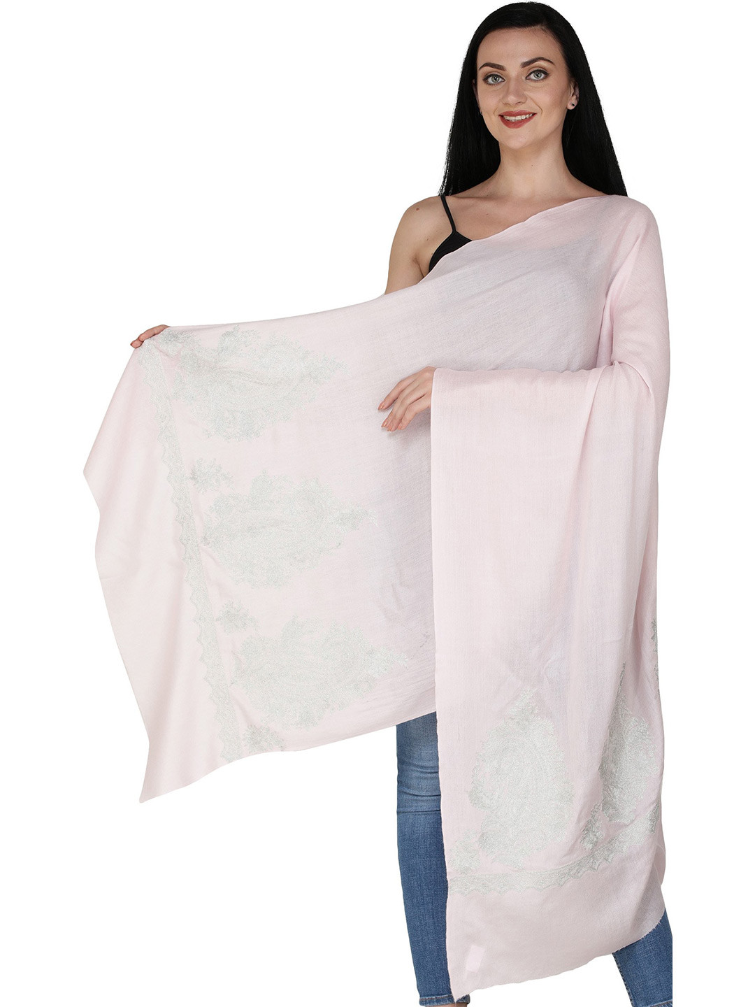 Exotic India Rose Water Pure Wool Kashmiri Stole with Zari Embroidered Paiselys on Border