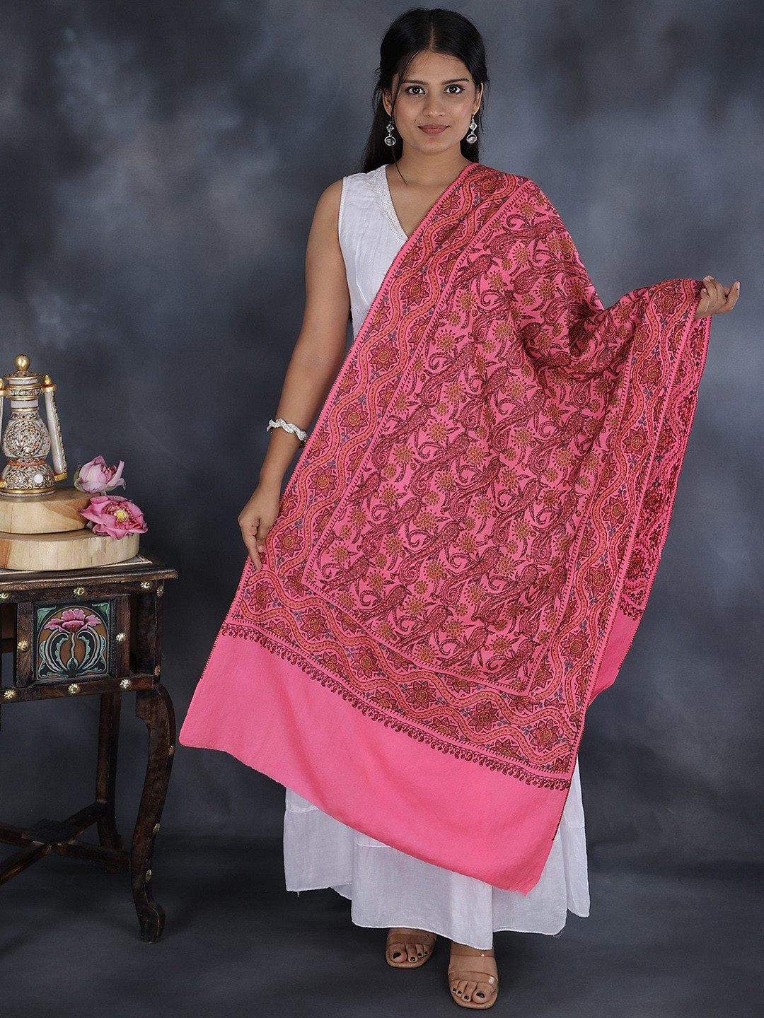Exotic India Pink Lemonade Sozni Embroidered Flowers Pure Wool Kashmiri Tusha Stole