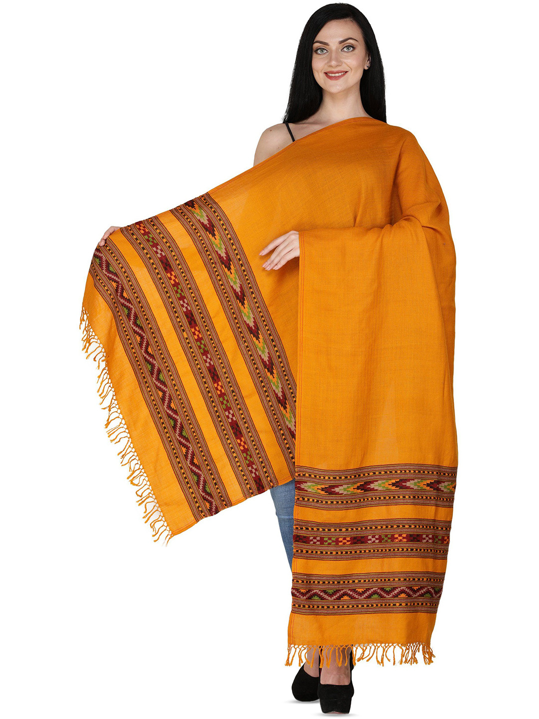 Exotic India Apricot Cream Kinnauri Woven Triple Border Pure Wool Stole