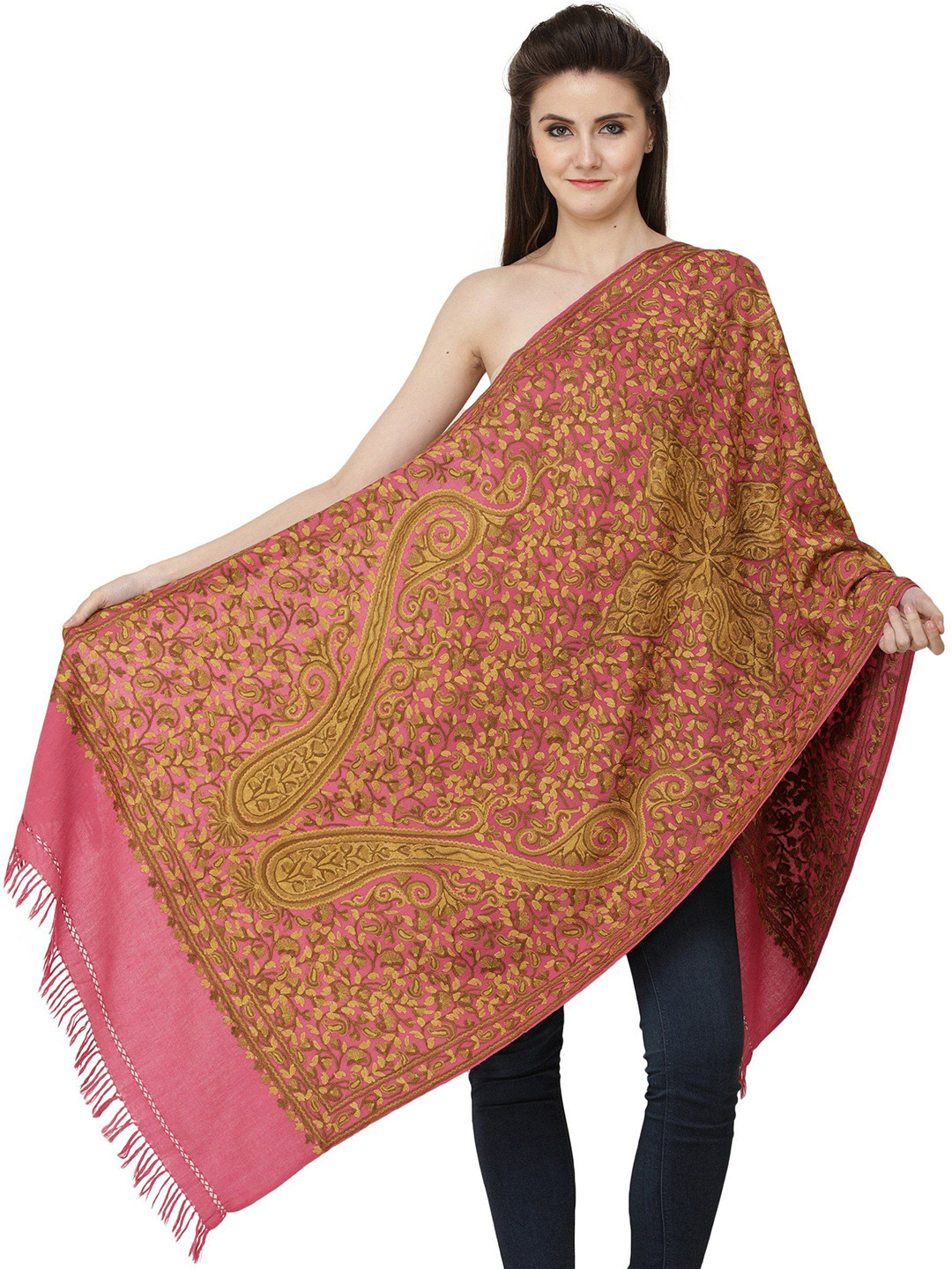 Exotic India Fuchsia Rose Wool Kashmiri Stole with Aari Hand-Embroidered Giant Paisley
