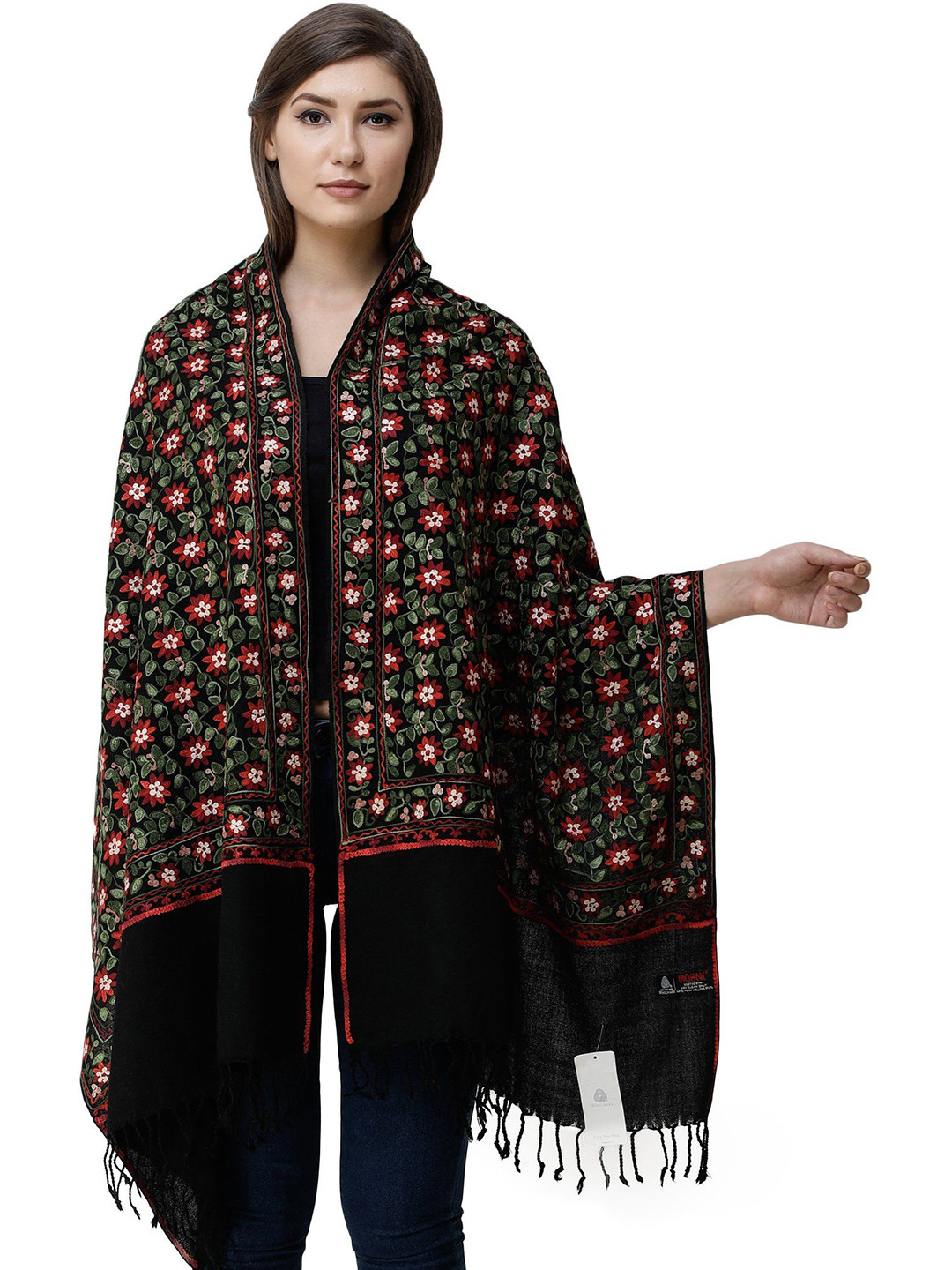Exotic India Jet Black Pure Wool Stole with Aari Embroidered Flowers All-Over