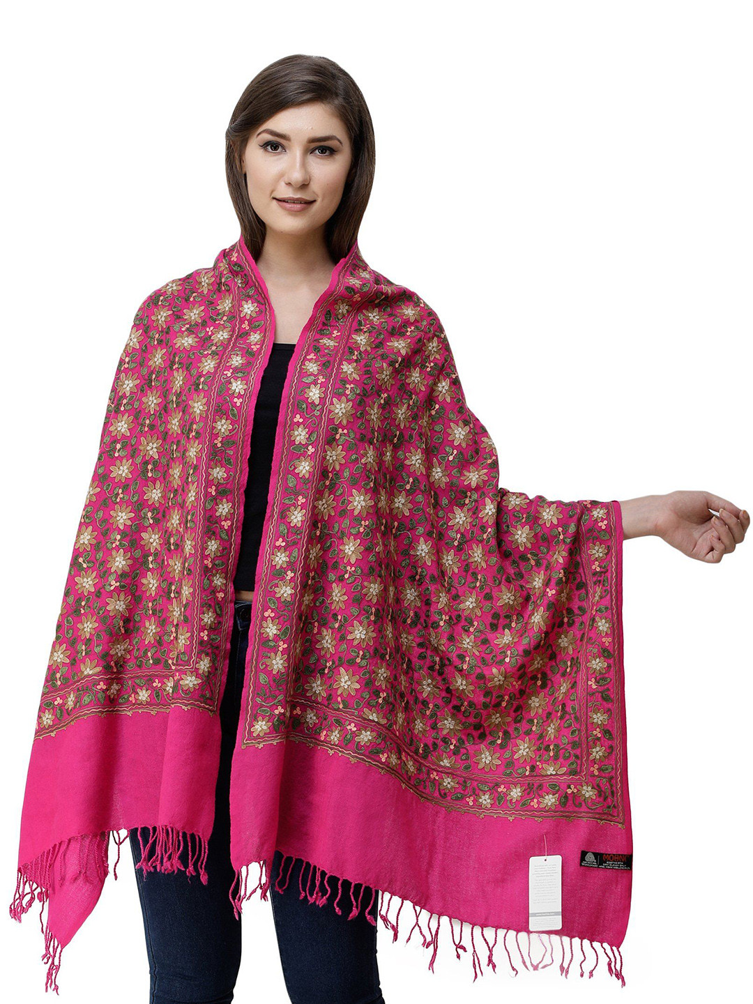 Exotic India Very Berry Pure Wool Stole with Aari Embroidered Flowers All-Over