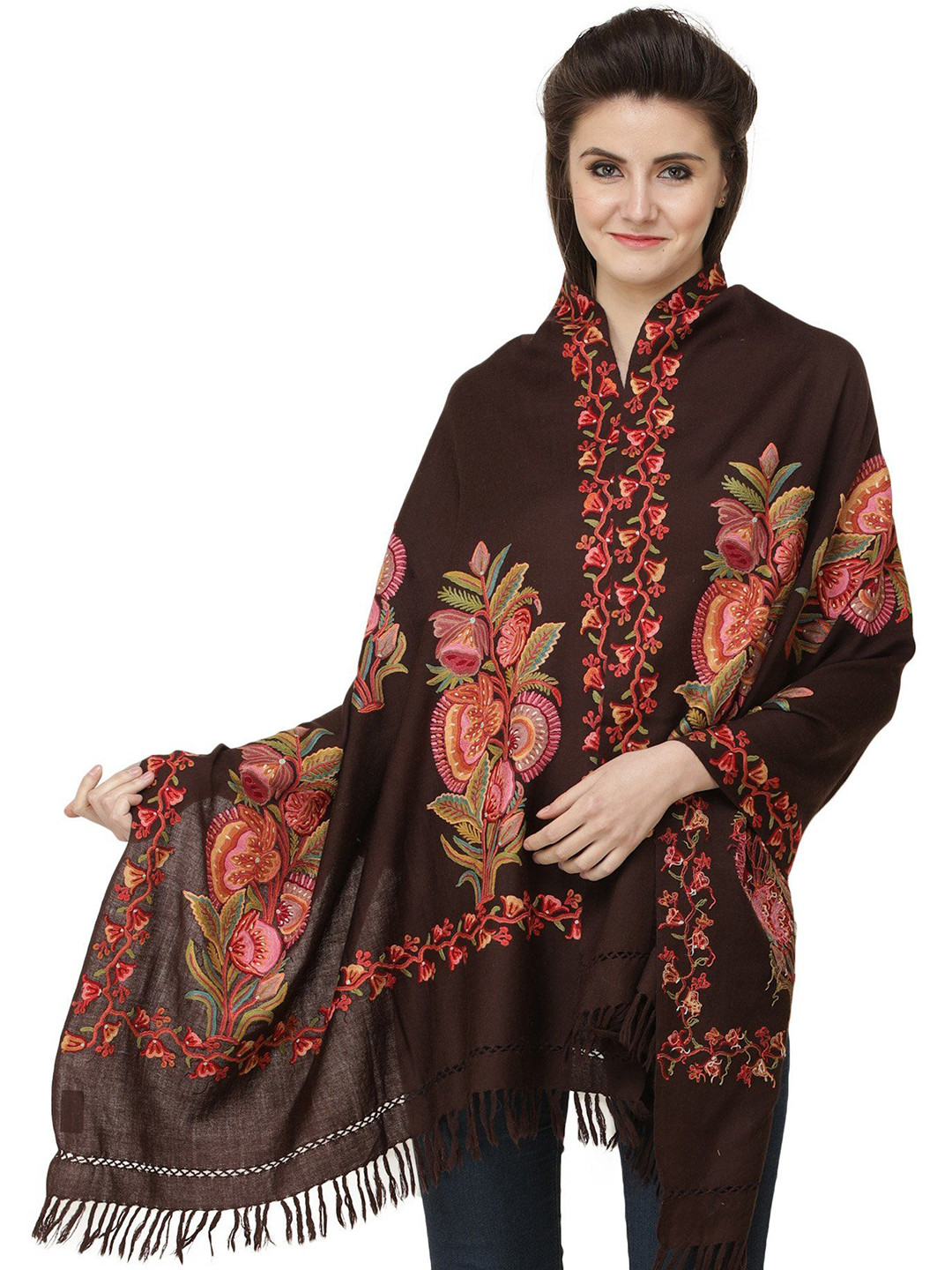 Exotic India Truffle Hand-Embroidered Bunch of Flowers Pure Wool Kashmiri Stole