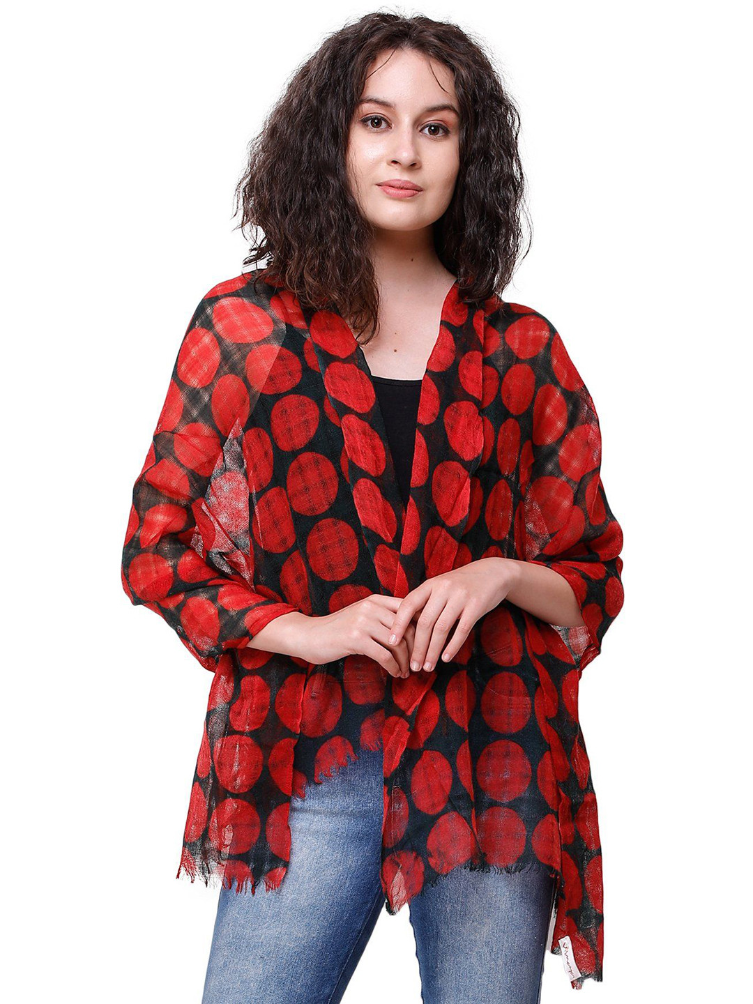 Exotic India Pure Wool Black Stole with Giant Red Polka Dots and Missing Checks in Weave