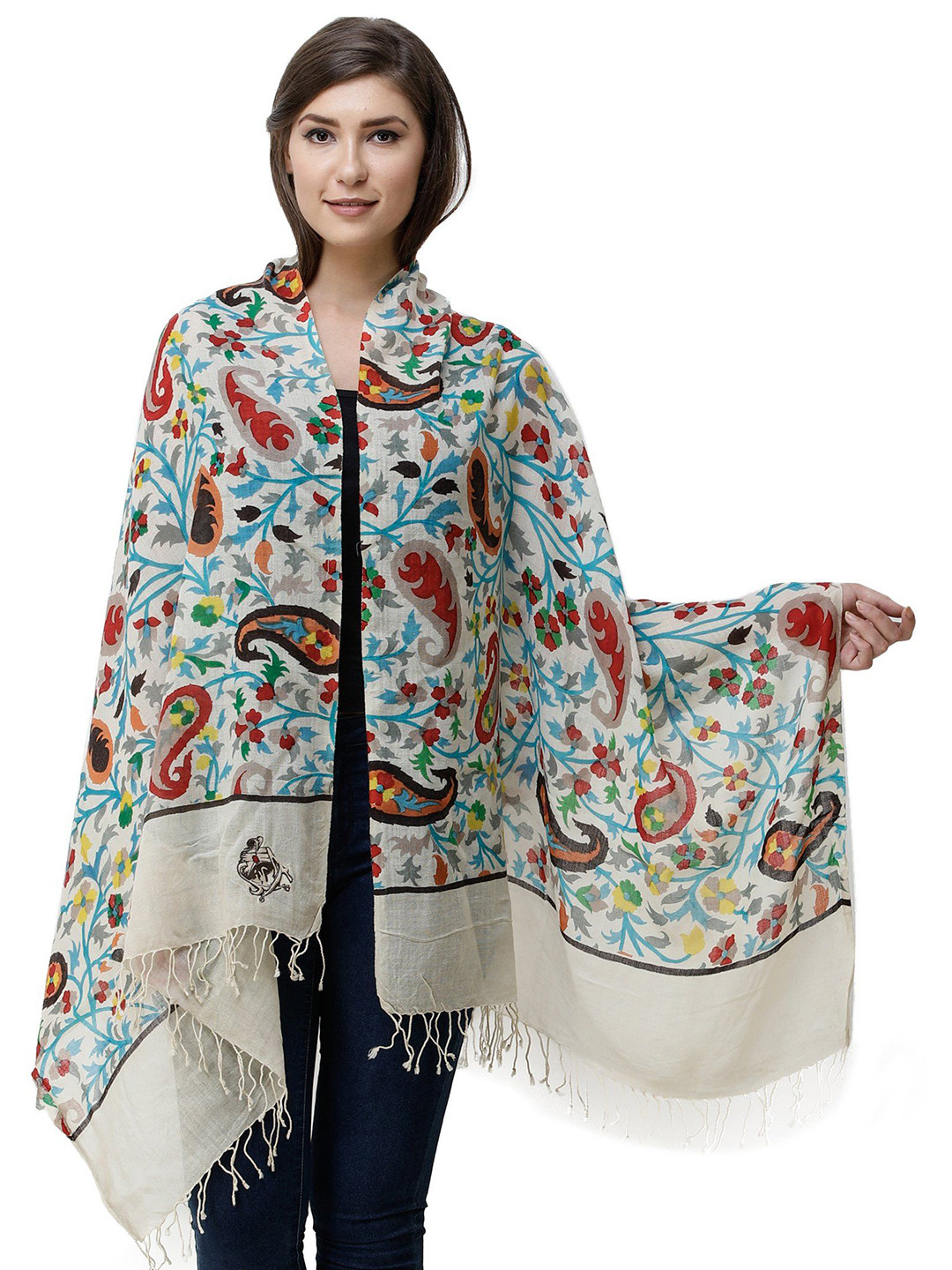 Exotic India Ivory Kani Printed Flowers Silk-Wool Stole with Embroidered Emblem