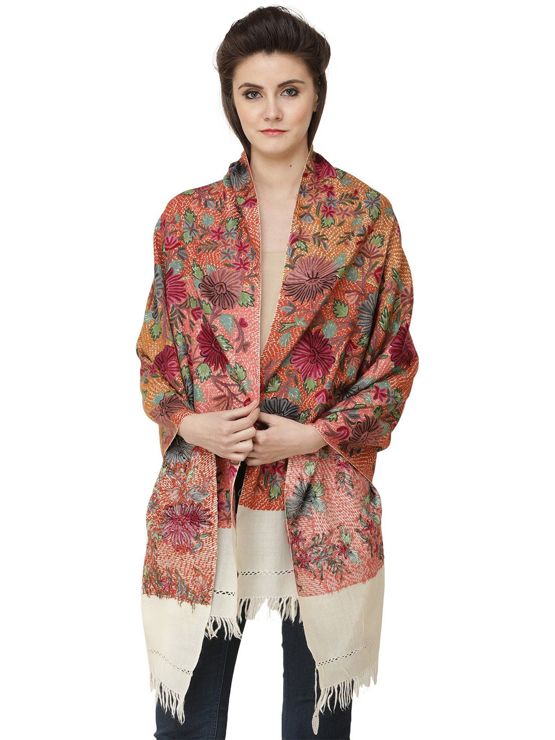 Exotic India Banana Cream Heavy Aari Hand-Embroidered Multicolor Flower Kashmiri Stole