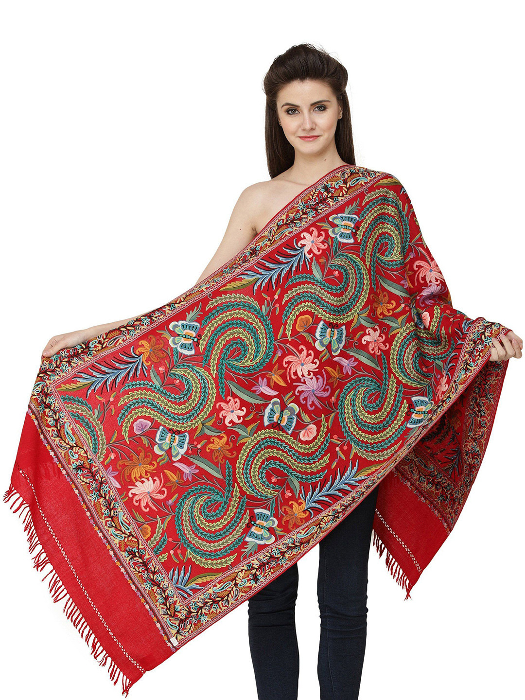 Exotic India Tango Red Aari Hand-Embroidered Flowers and Butterflies Kashmiri Stole