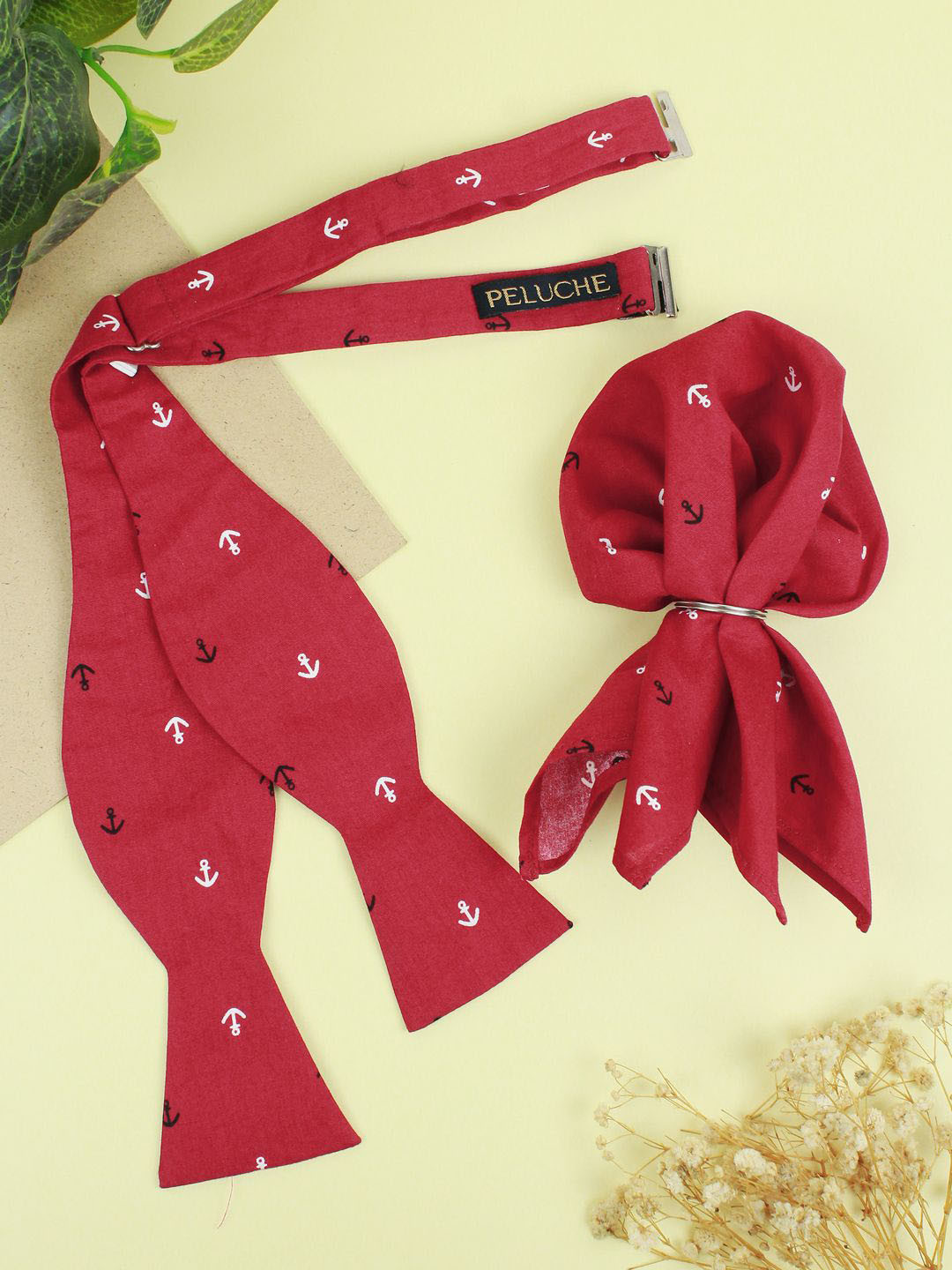 Peluche Men Red Anchor Print Open Bow Tie & Pocket Square Set