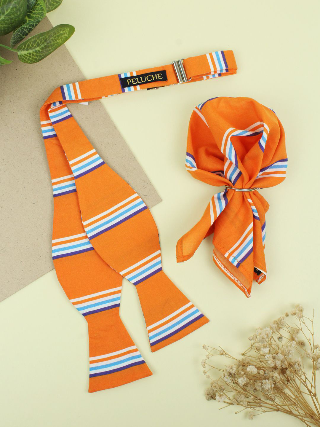 Peluche Men Orange Snappy Striped Open Bow Tie & Pocket Square Set