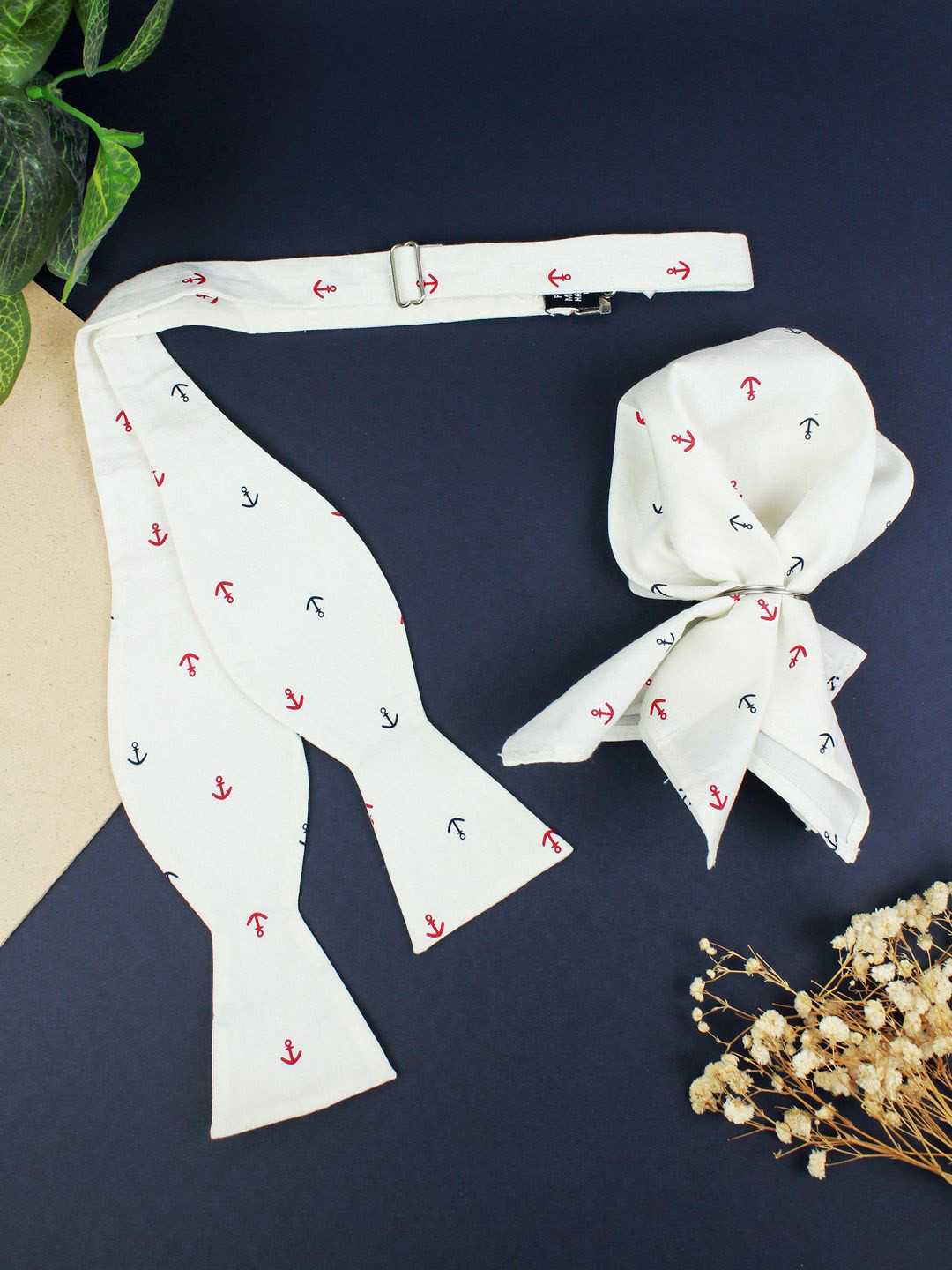 Peluche Men White Anchor Printed Open Bow Tie & Pocket Square Set