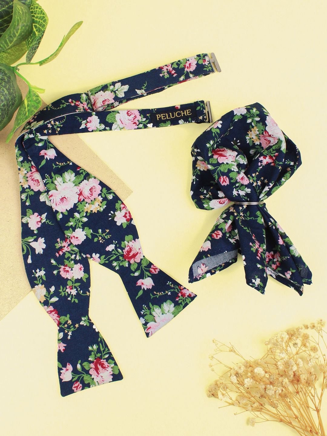 Peluche Men Blue Floral Printed Open Bow Tie & Pocket Square Set