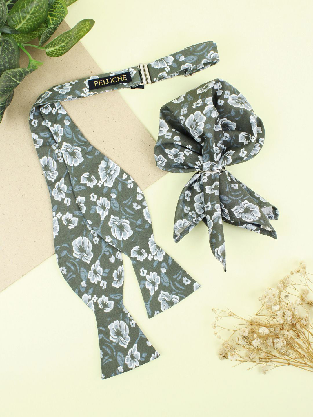 Peluche Men Olive Modish Finesse Floral Printed Open Bow Tie & Pocket Square Set