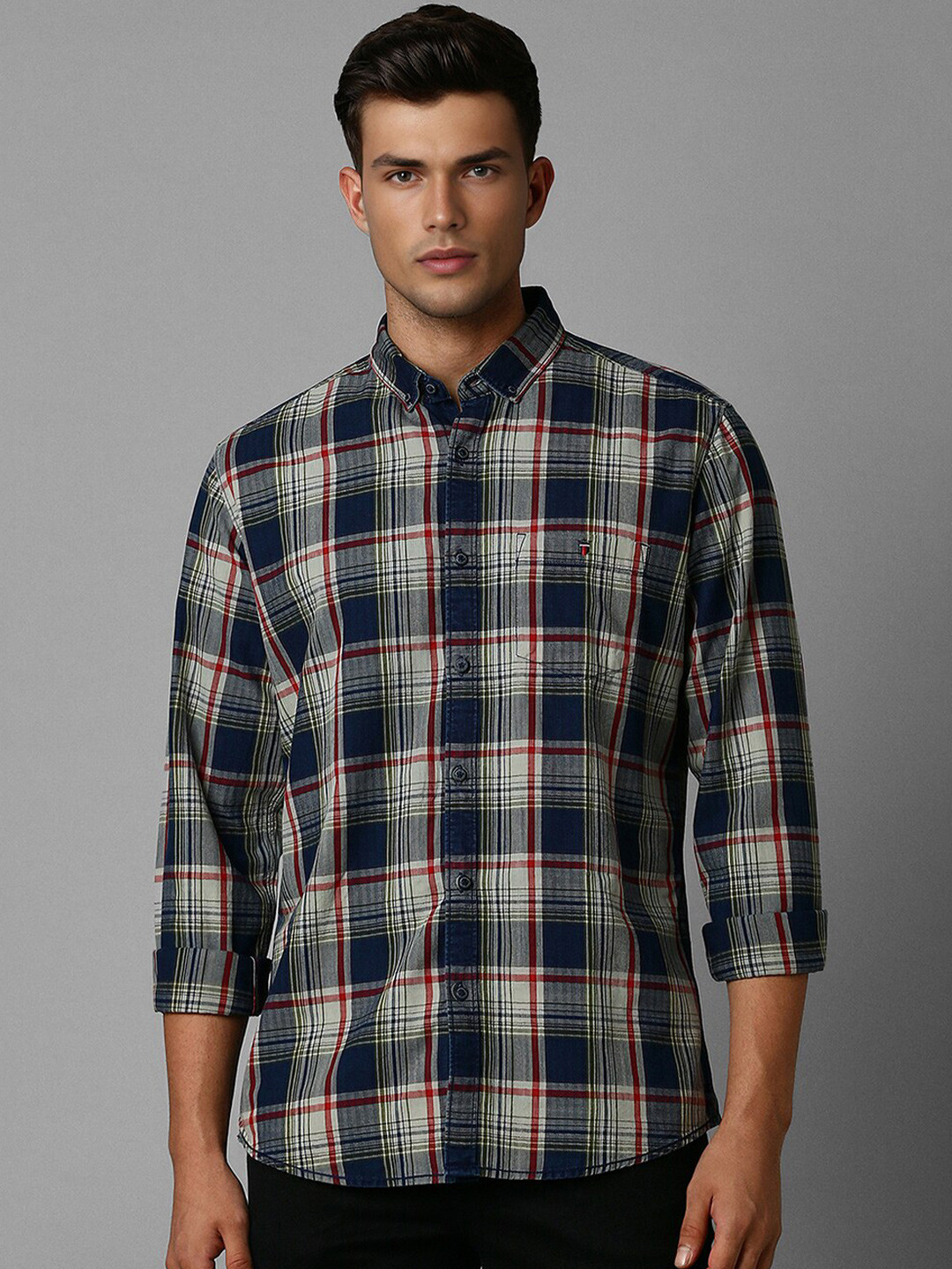 Louis Philippe Jeans Button Down Collar Long Sleeves Slim Fit Checked Casual Shirt