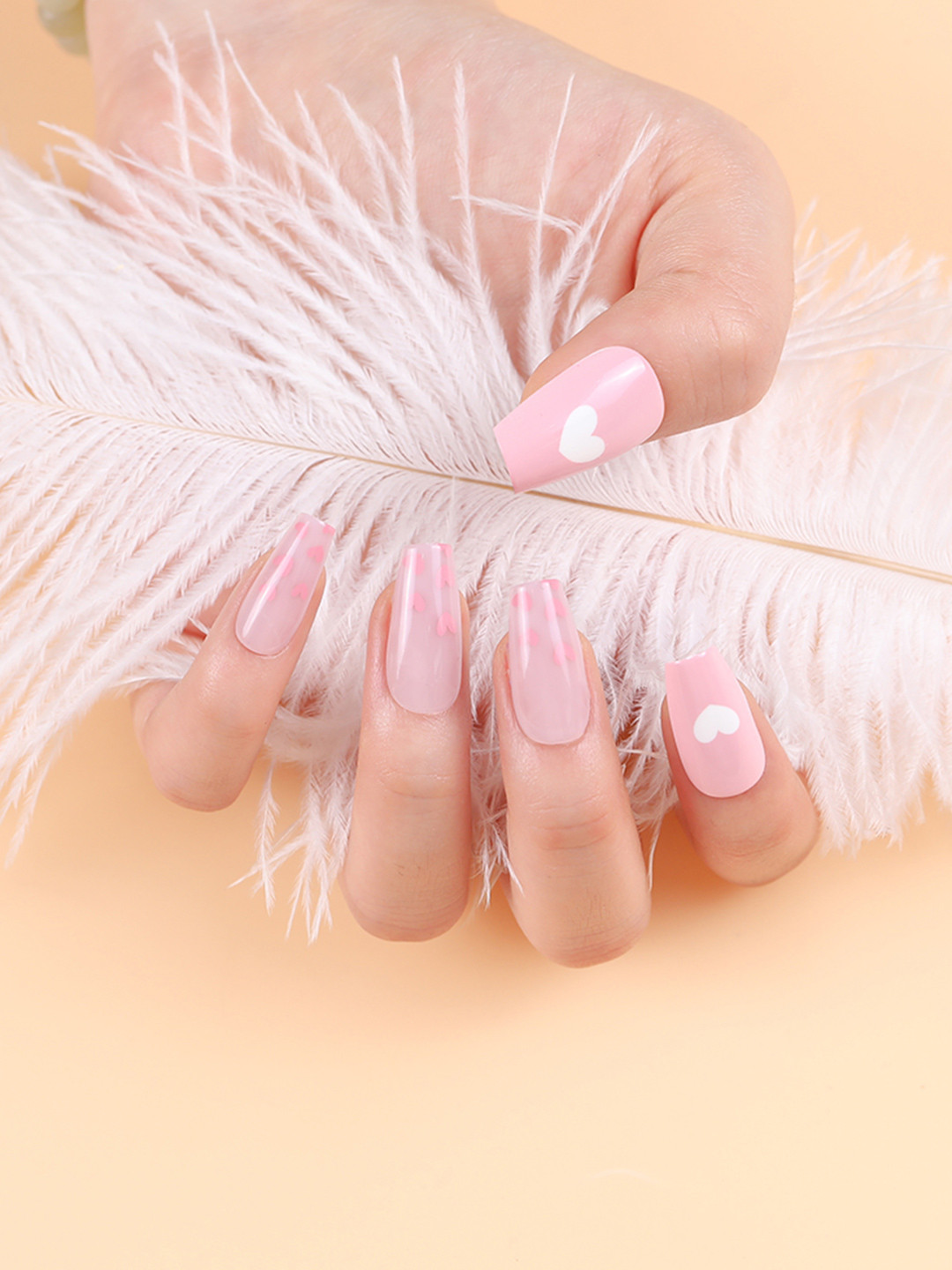 LICK 30 Pcs Glossy Heart Print Long Fake Nail Extension/Artificial/Press On Nails - Pink