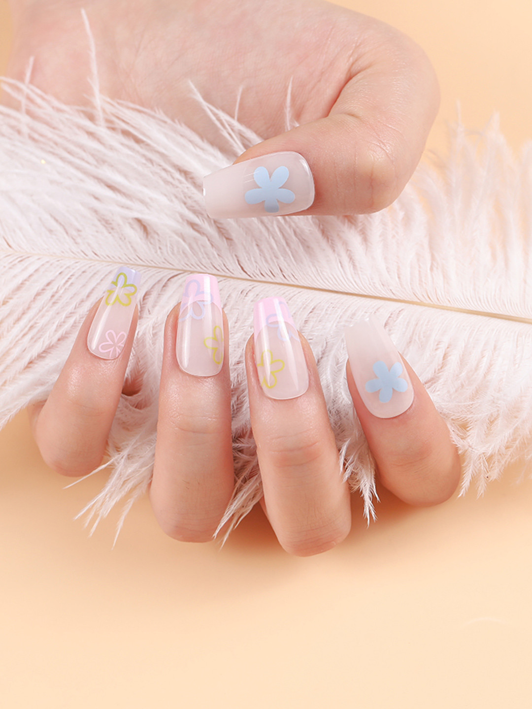 LICK 30 Pcs Glossy Floral long Fake Nail Extension/Artificial Nails/Press On Nails - Nude