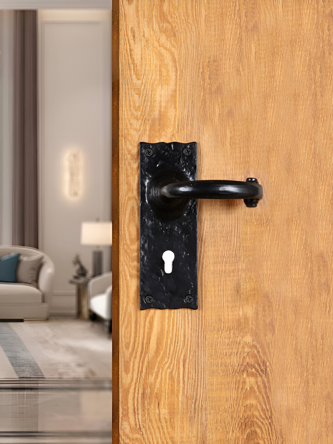 Two Moustaches Black Iron Door Handle with Plate