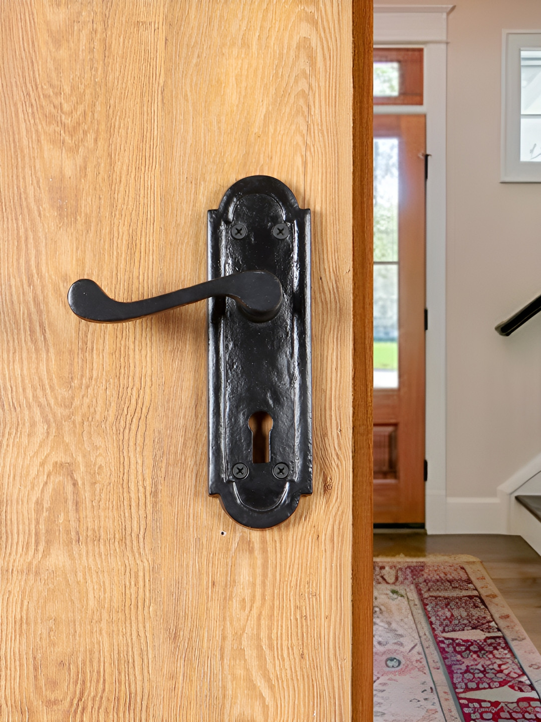 Two Moustaches Black Elegant Iron Door Lever Handle Plate with Keyhole