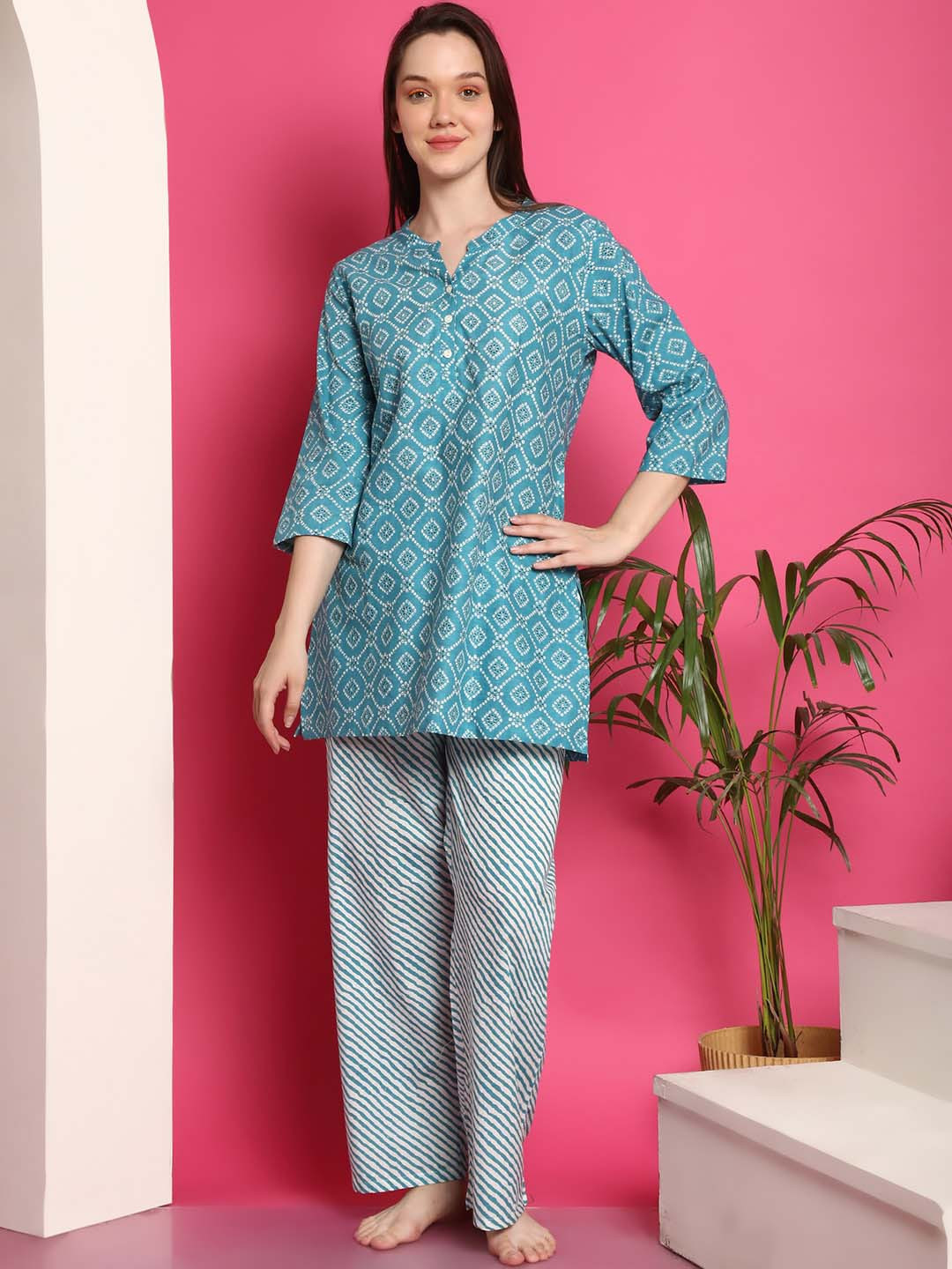 Indreams Ethnic Motifs Printed Band Collar Pure Cotton Night Suit