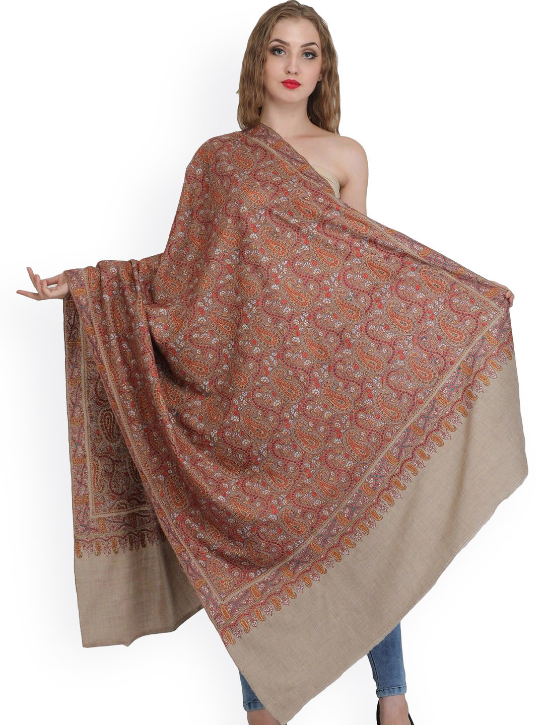 Exotic India Light Taupe Pure Pashmina Kashmiri Shawl and Sozni Floral Embroidery All-Over