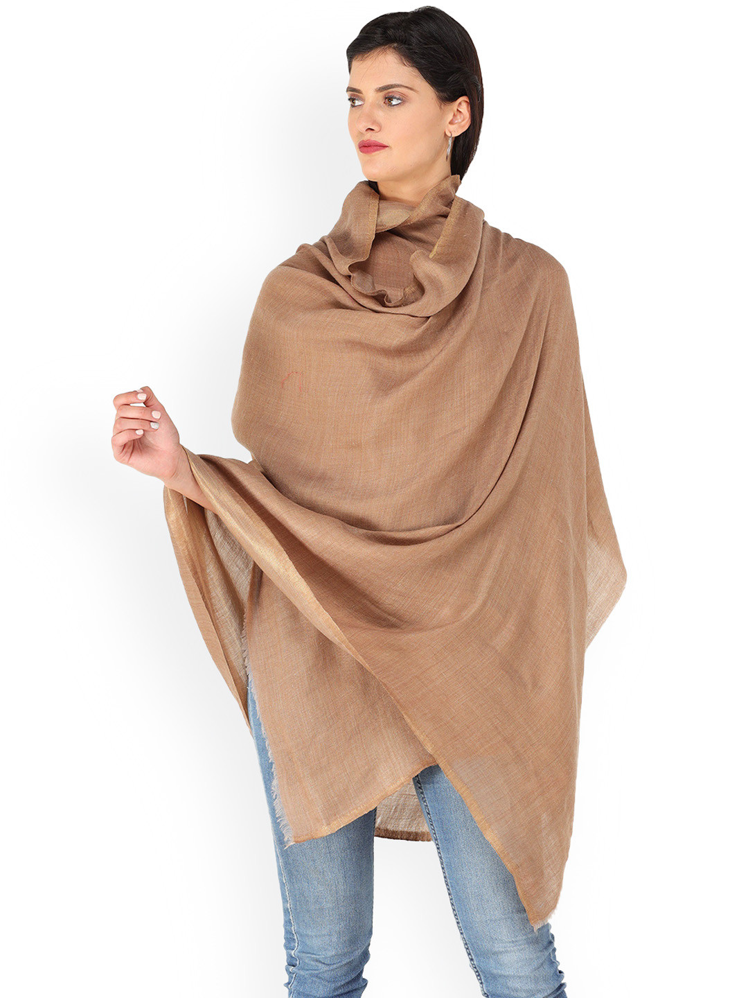 Exotic India Coca Mocha Plain Reversible Semi Cashmere Shawl with Golden Thread Weave