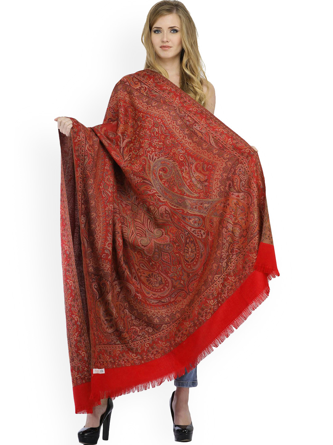 Exotic India Tomato Reversible Jamawar Wool Shawl with Woven Paisleys