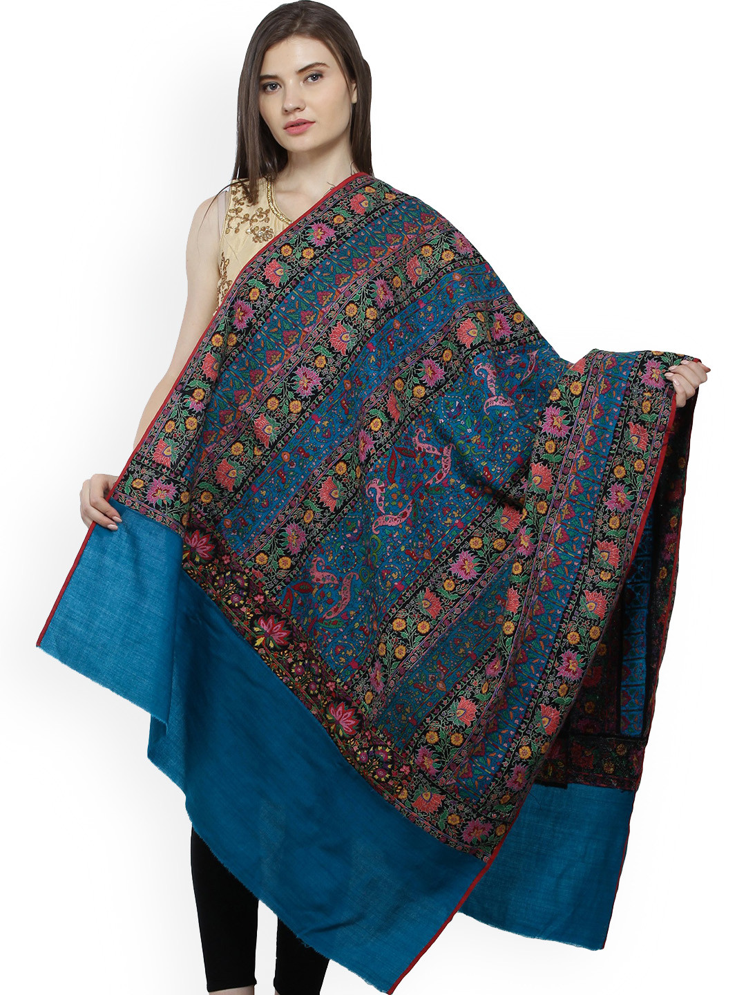 Exotic India Deep Lake Sozni Floral Hand-Embroidery Pure Pashmina Shawl