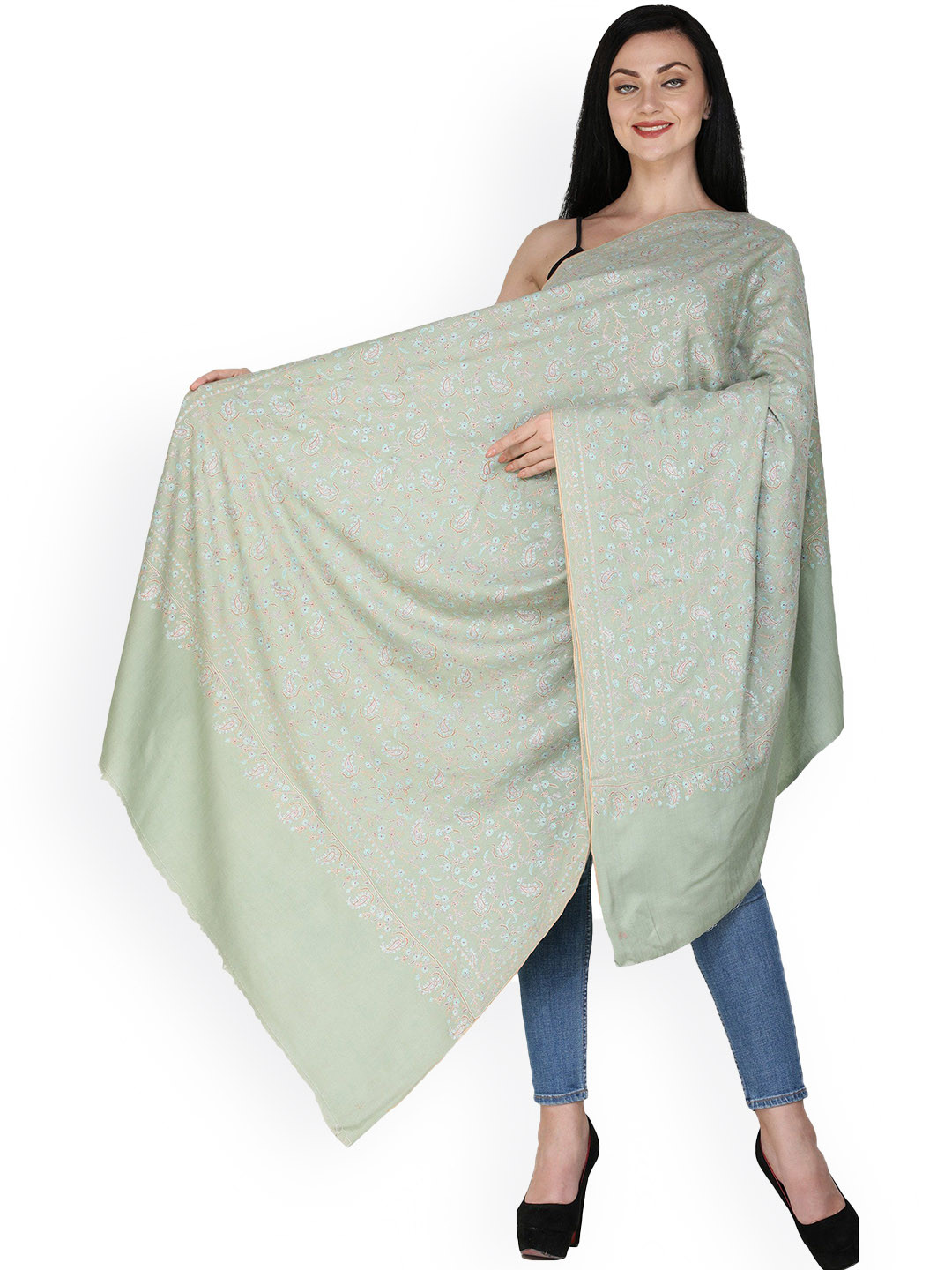 Exotic India Nile Green Sozni Embroidered Flowers and Paisleys Handloom Kashmiri Shawl